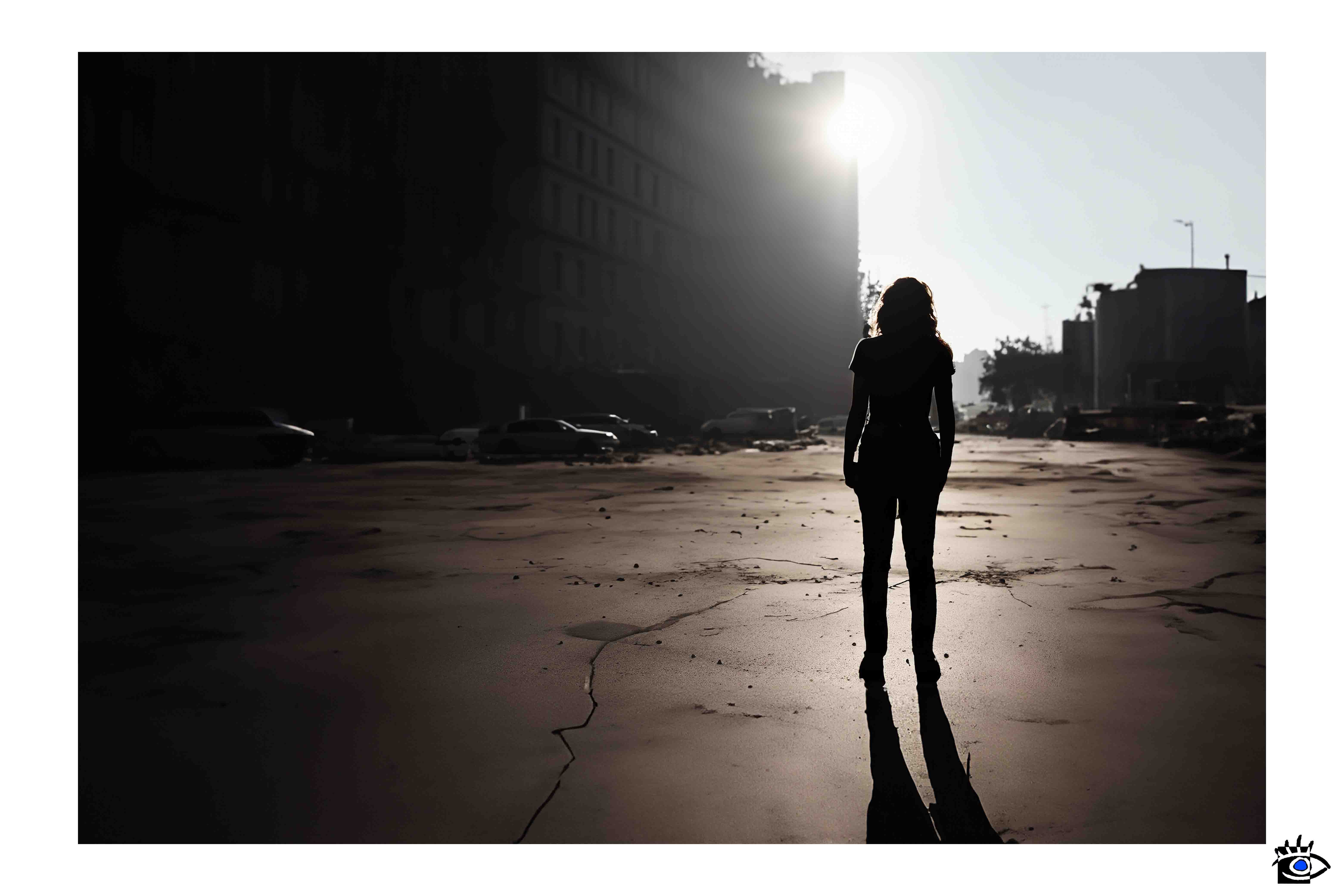 Paesaggio urbano distrutto dalla guerra con la sagoma di una donna che guarda la devastazione