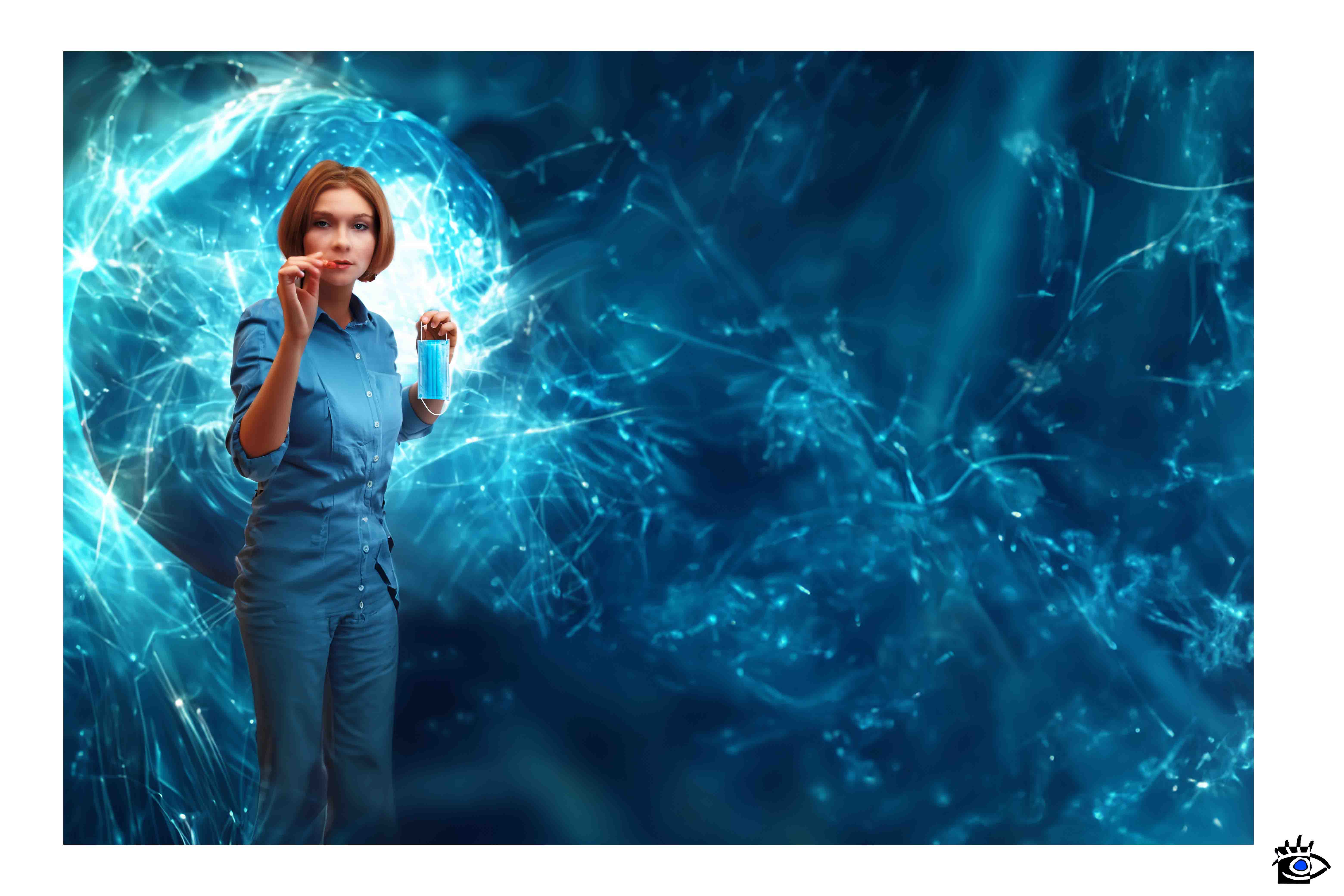 Immagine creata con intelligenza artificiale di un'infermiera con una pillola nella mano destra e una mascherina nella mano sinistra