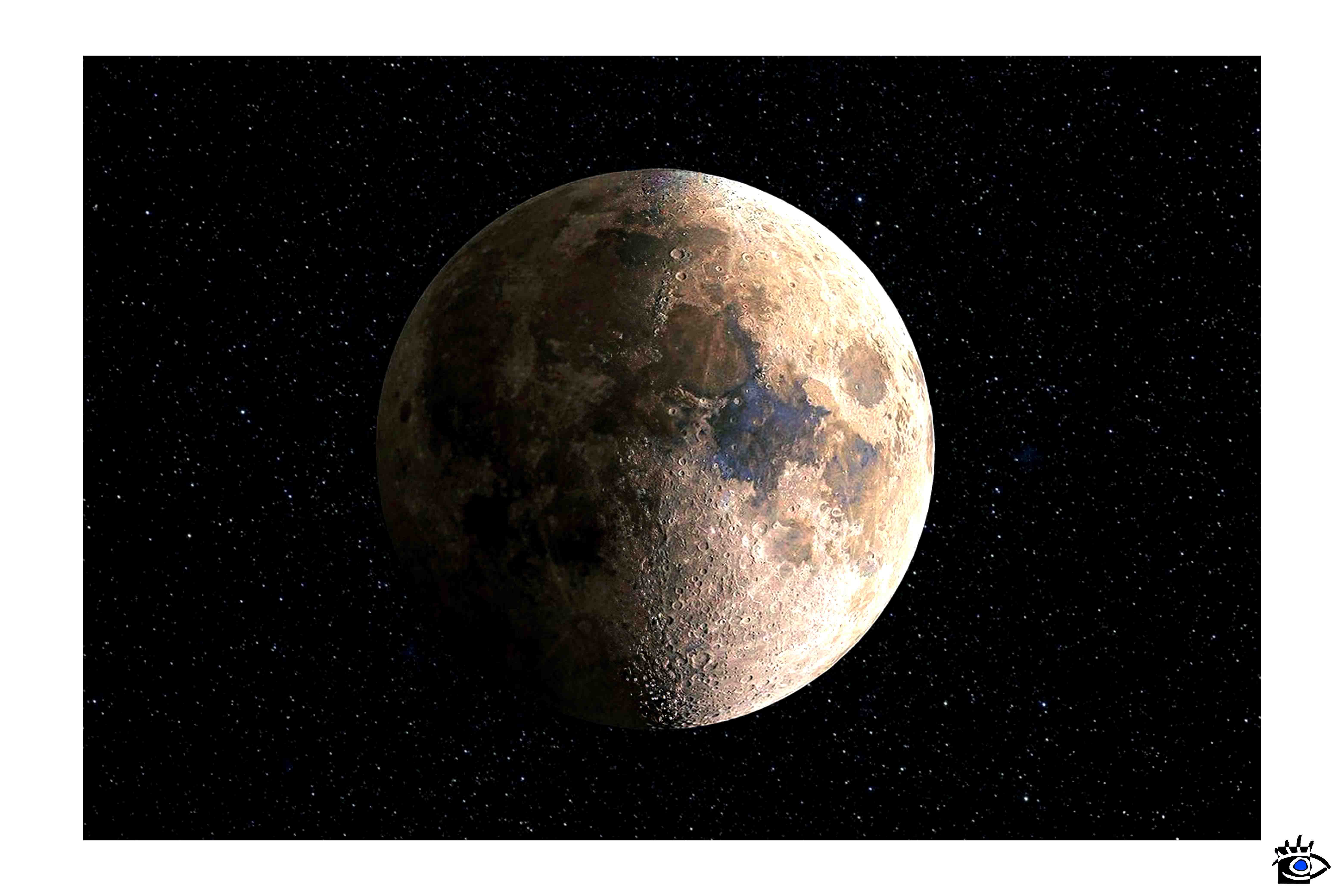 Fotografia digitale della luna minerale con stelle, creata dall’intelligenza artificiale.