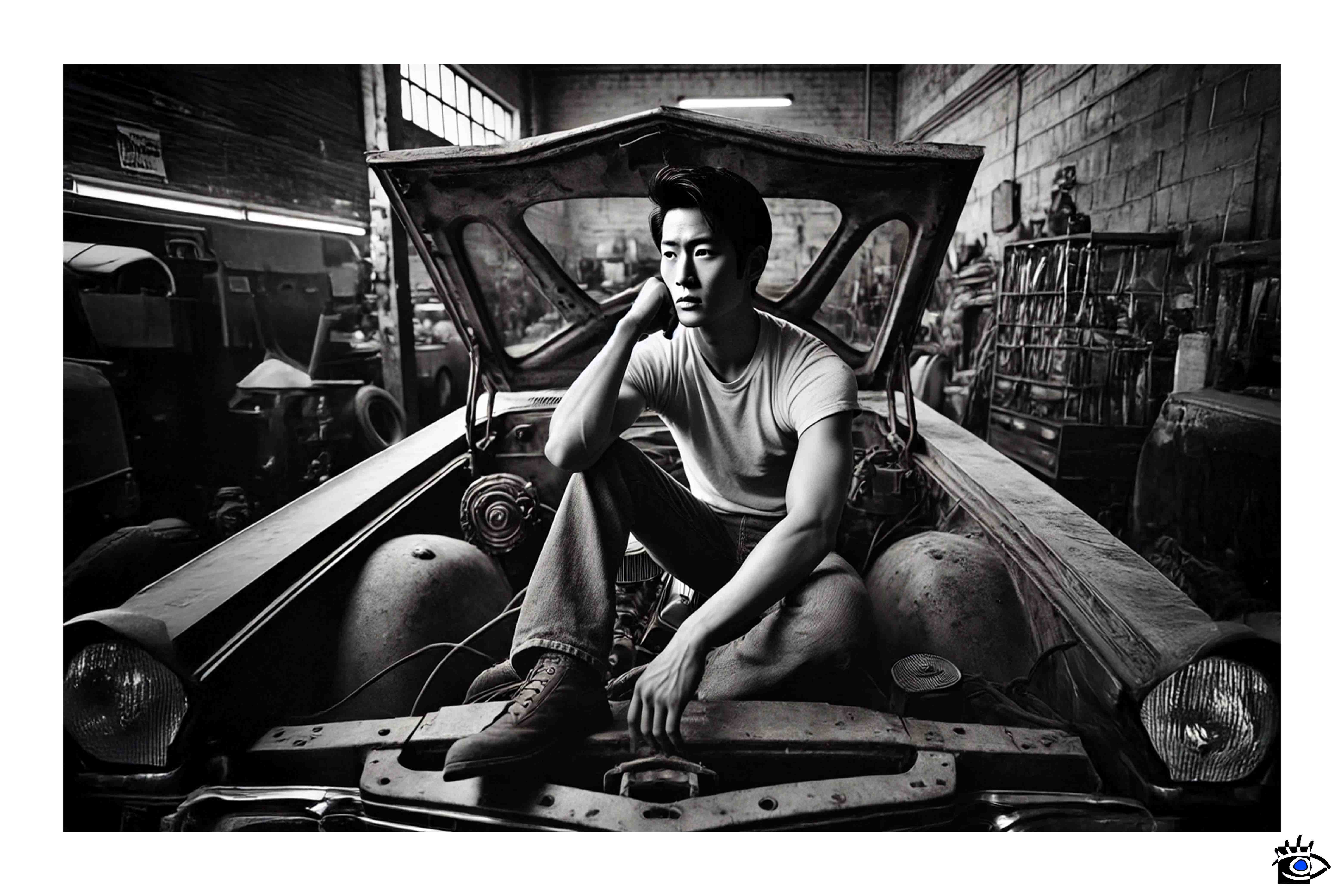 Uomo ricreato con intelligenza artificiale seduto nel vano motore di un’auto americana, in un’officina meccanica, immagine in bianco e nero con dettagli tecnici e atmosfera curata.