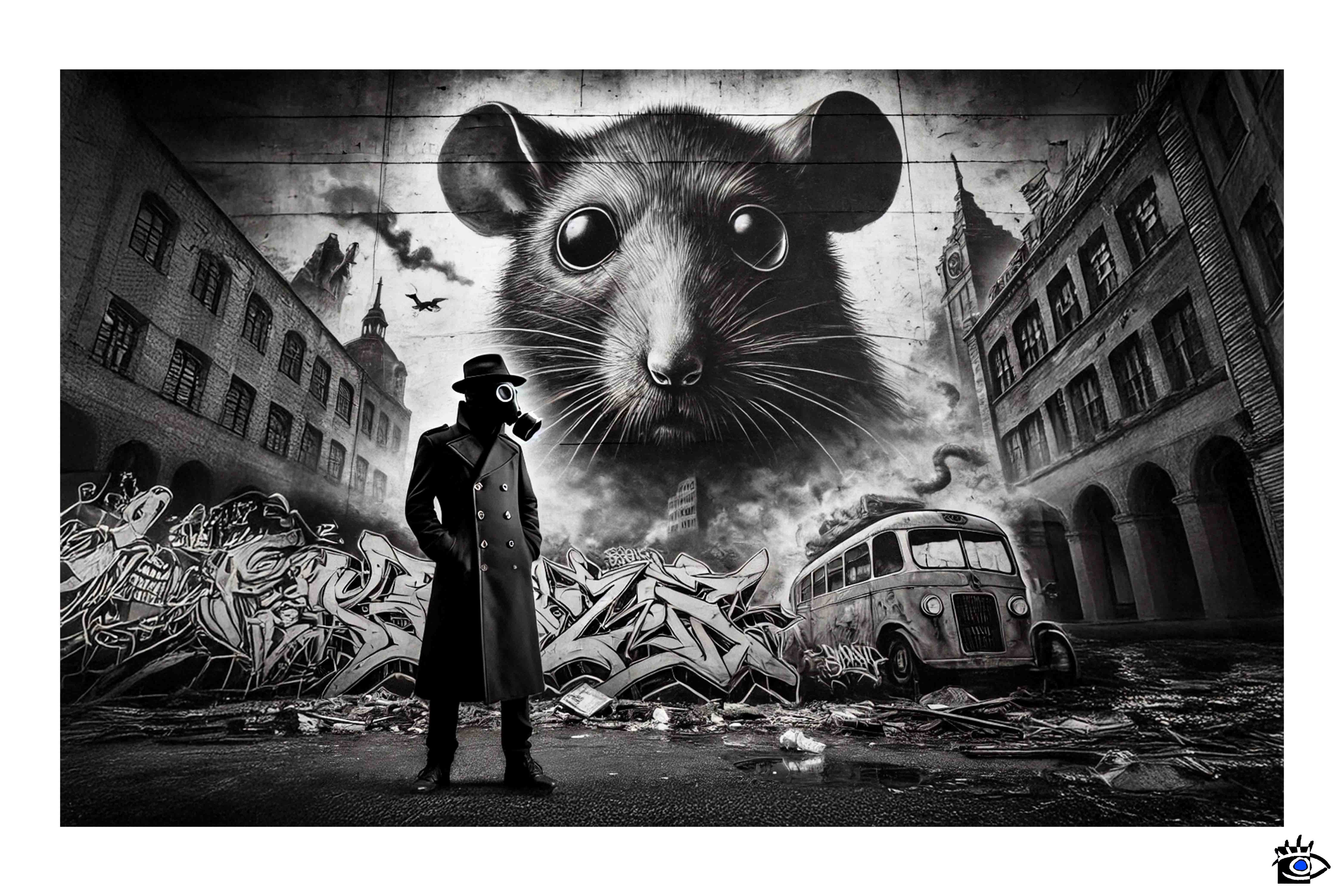 Un uomo con cappello e maschera antigas si staglia davanti a un murale raffigurante un grande ratto, evocando il senso di paura e isolamento vissuto durante la pandemia.