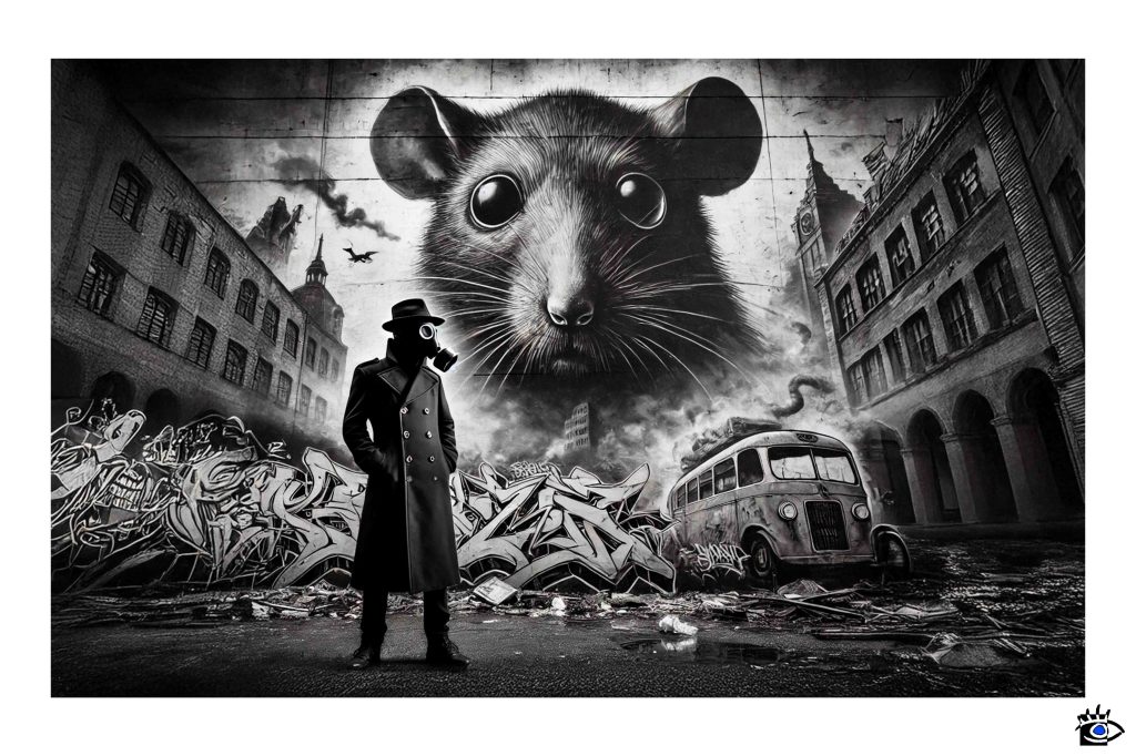 Un uomo con cappello e maschera antigas si staglia davanti a un murale raffigurante un grande ratto, evocando il senso di paura e isolamento vissuto durante la pandemia.