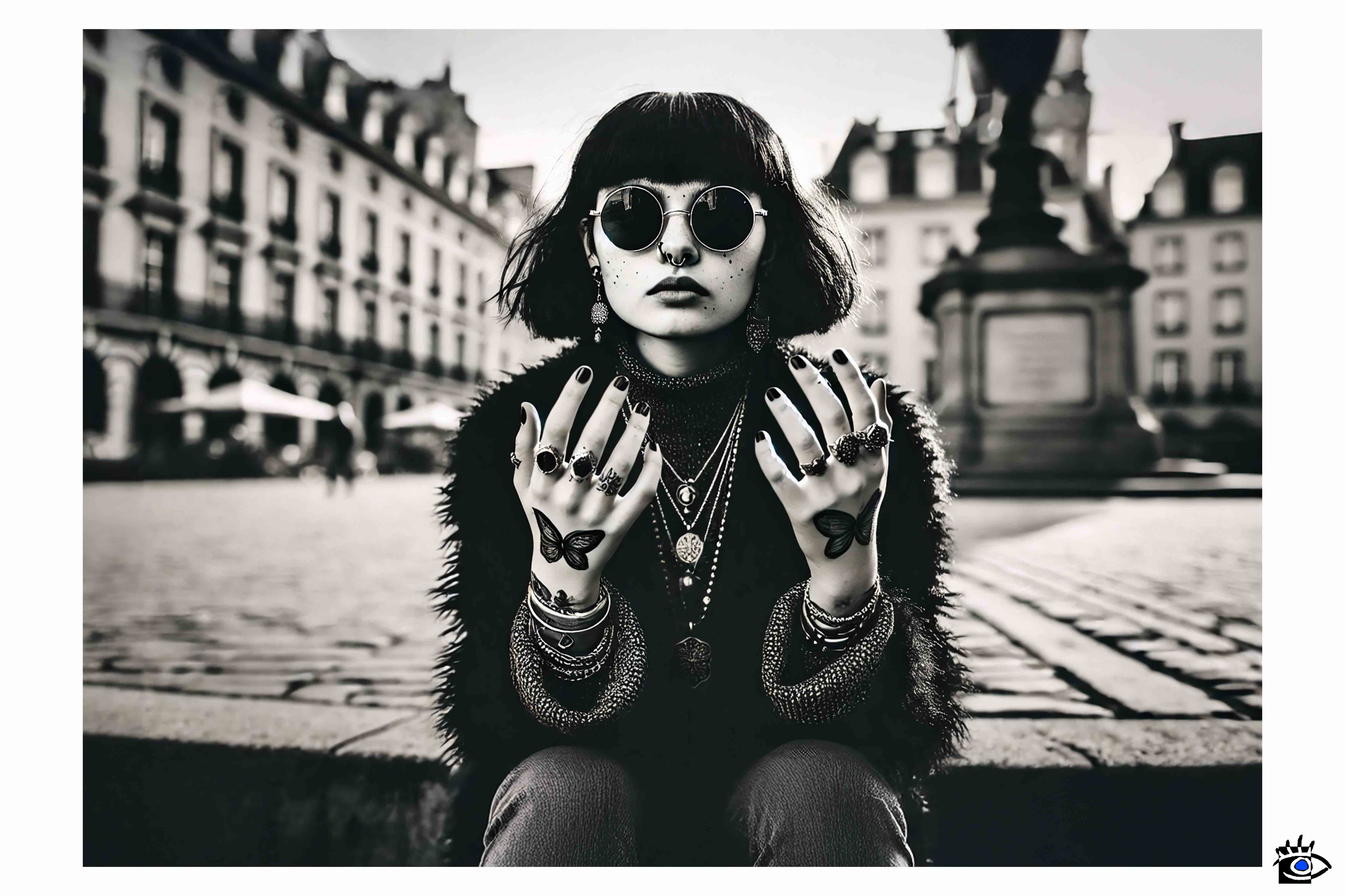 Immagine in bianco e nero generata digitalmente che ritrae una giovane donna con occhiali da sole e tatuaggi sulle mani, con dettagli di anelli e gioielli, ispirata a un ritratto urbano.