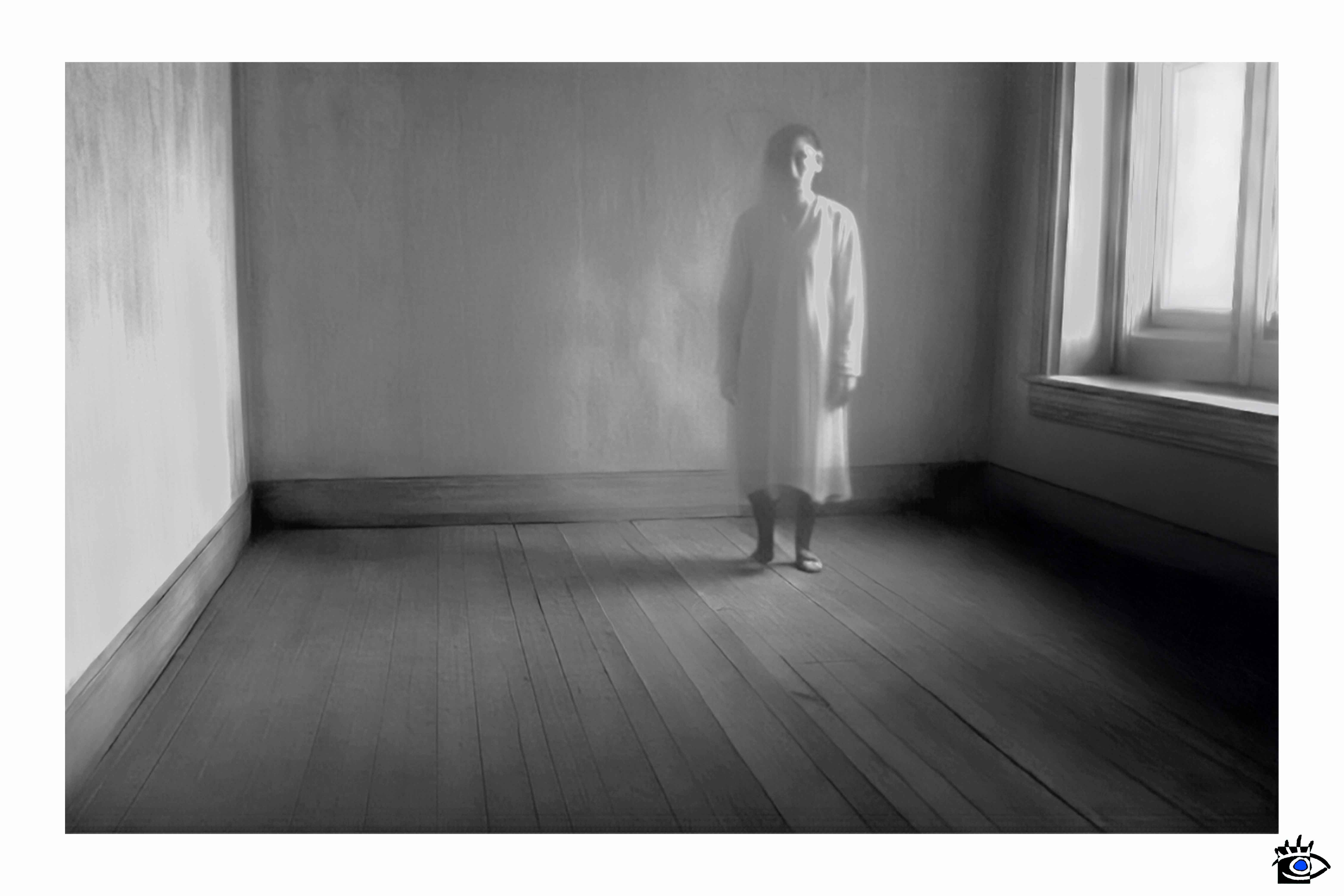 Pale ghost in dark Italian room.