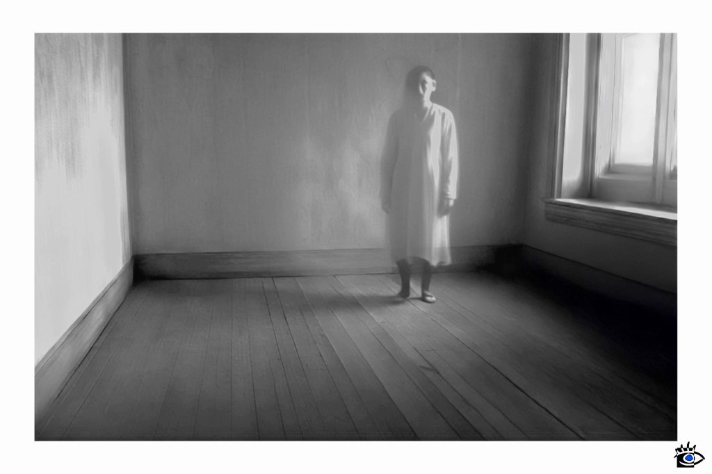 Pale ghost in dark Italian room.