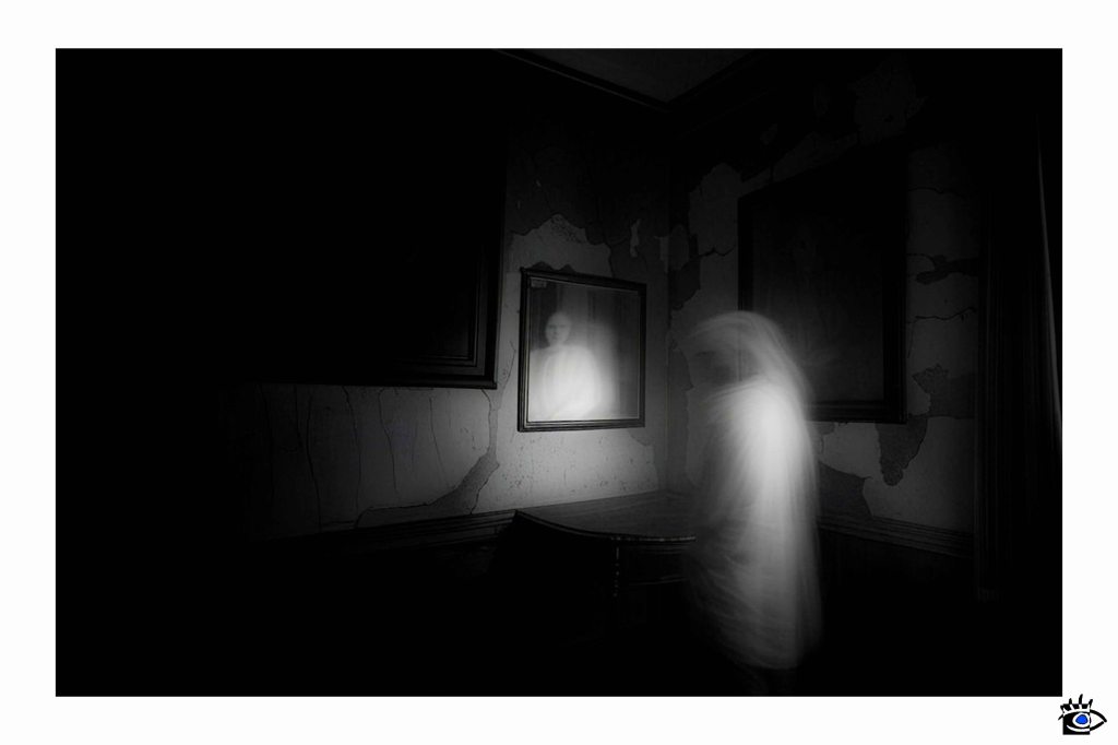 Ghostly figure reflected in dusty mirror.