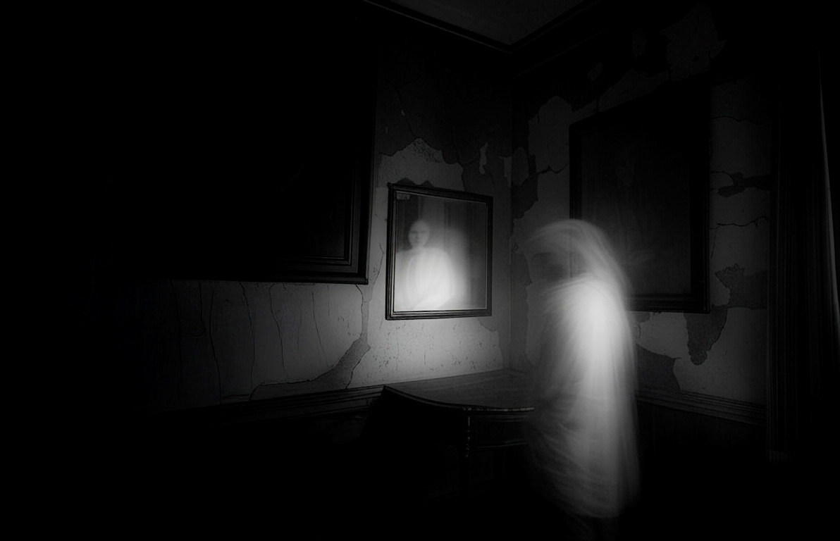 Ghostly figure reflected in dusty mirror.