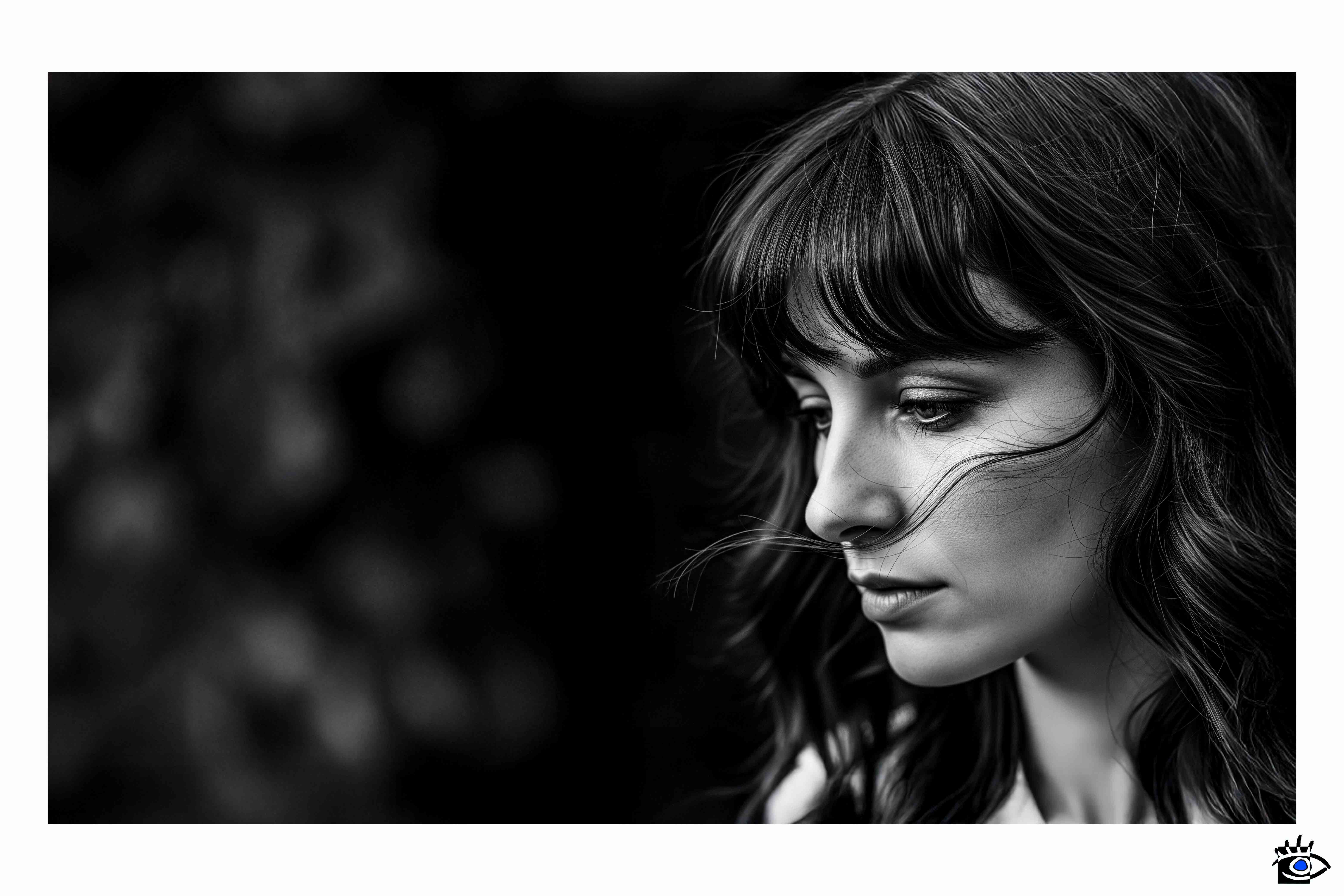 Donna con capelli scuri, espressione pensierosa, ritratto in bianco e nero