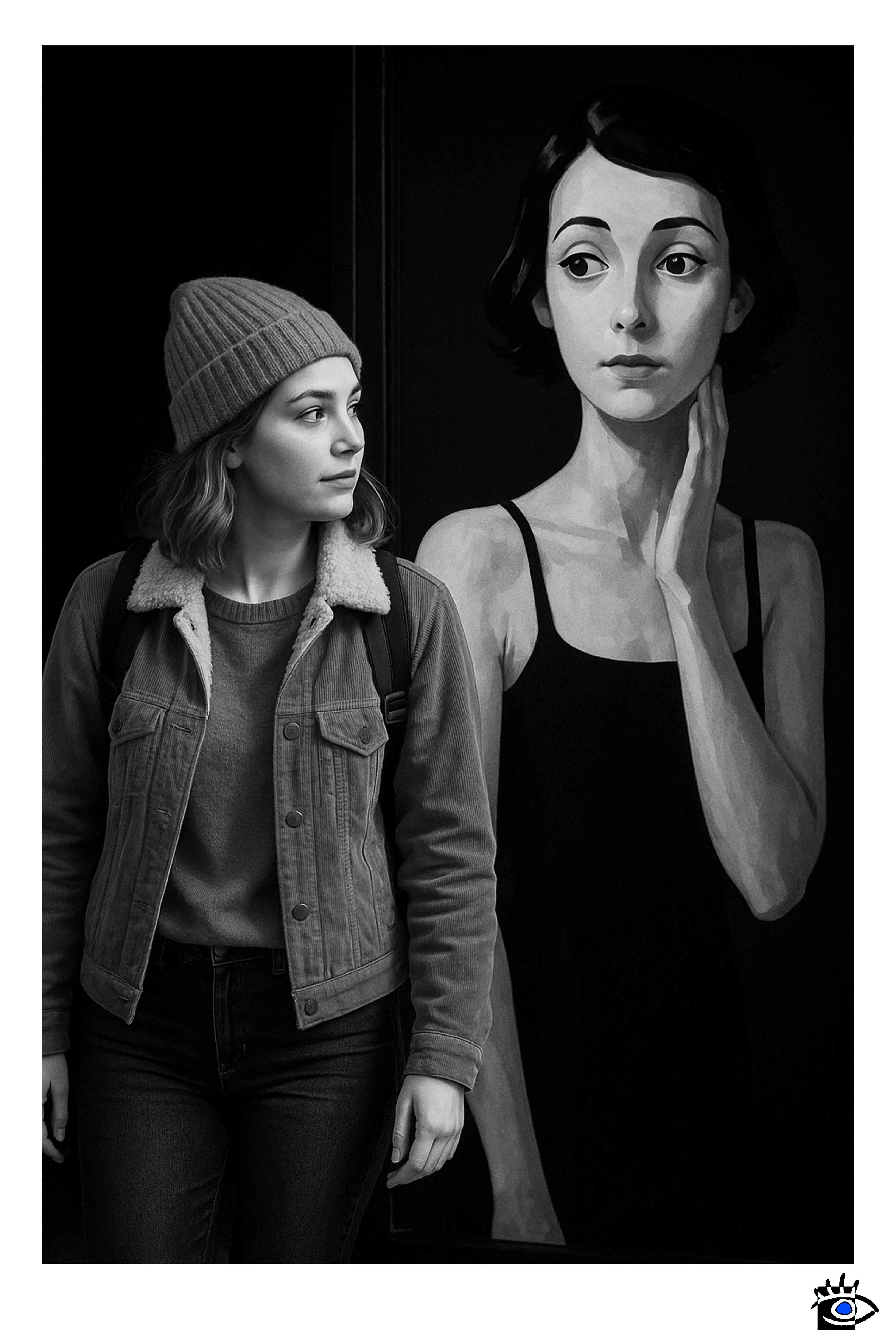 Giovane donna di profilo cammina davanti a un grande ritratto femminile dipinto su un muro; i due volti sembrano osservarsi senza incontrarsi.