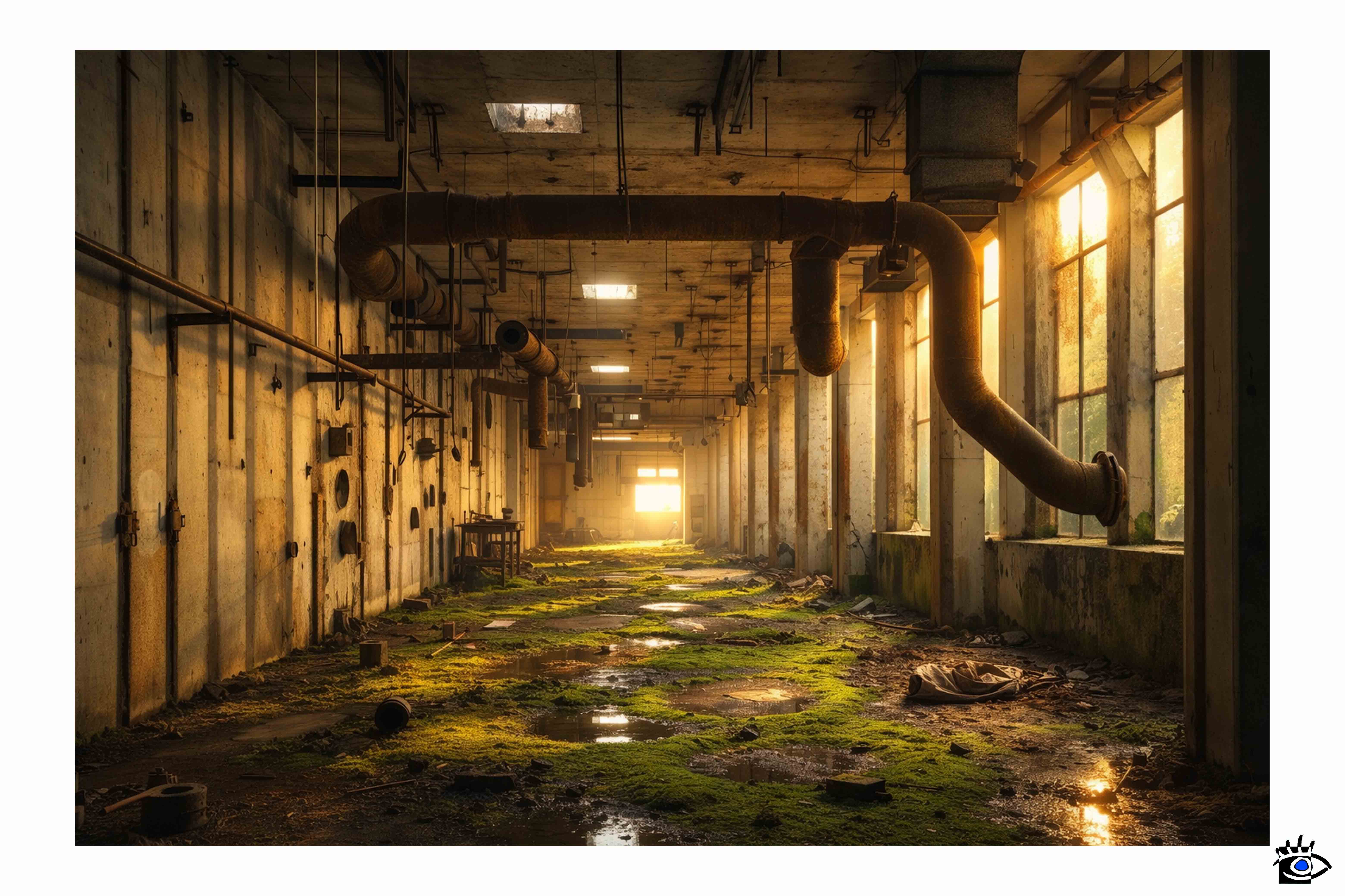 Interno di una fabbrica abbandonata con pavimento coperto di muschio, tubi industriali sospesi dal soffitto e luce solare che entra da grandi finestre laterali.