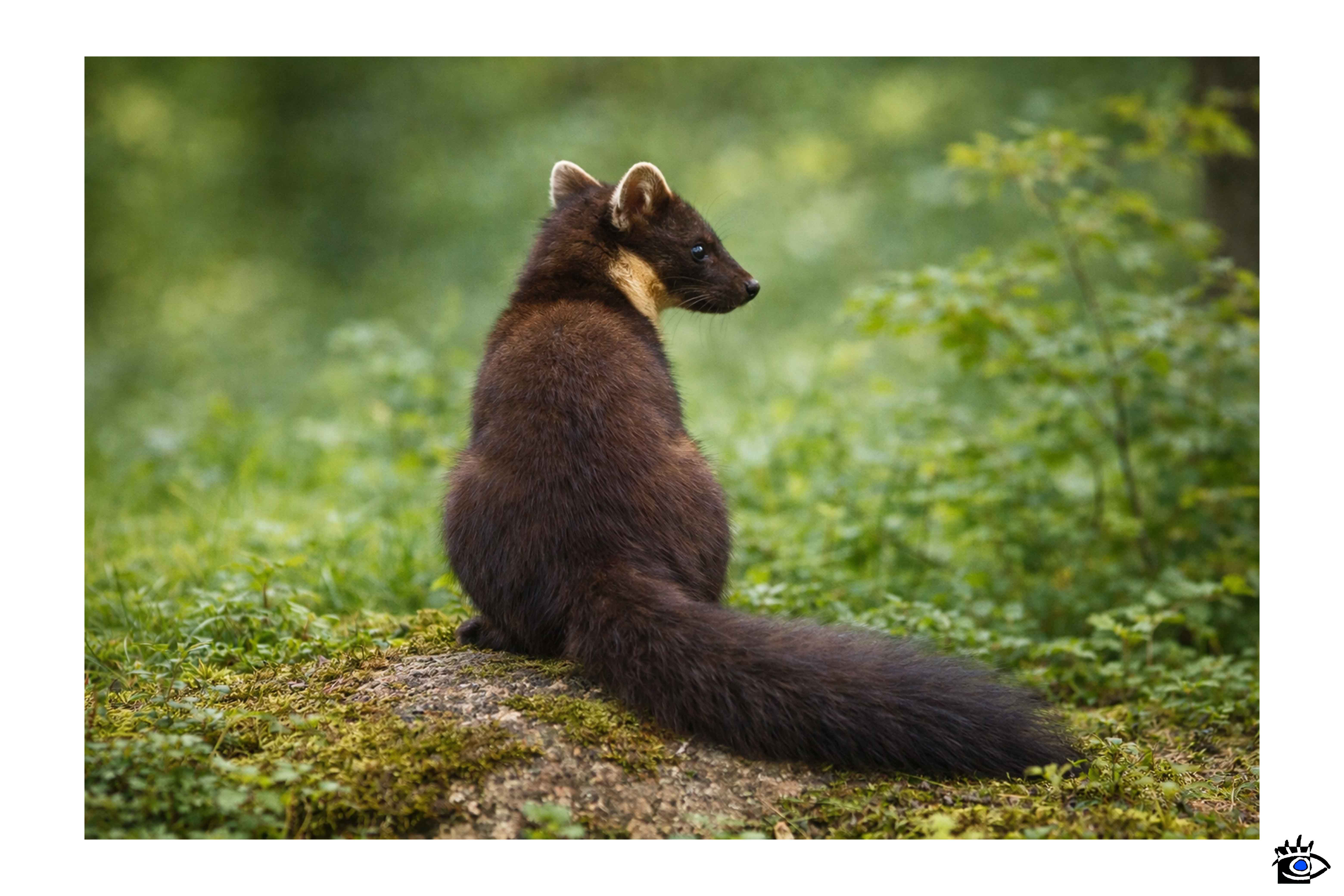 Martora seduta di spalle su una roccia con testa girata nel bosco del Monte Ventasso