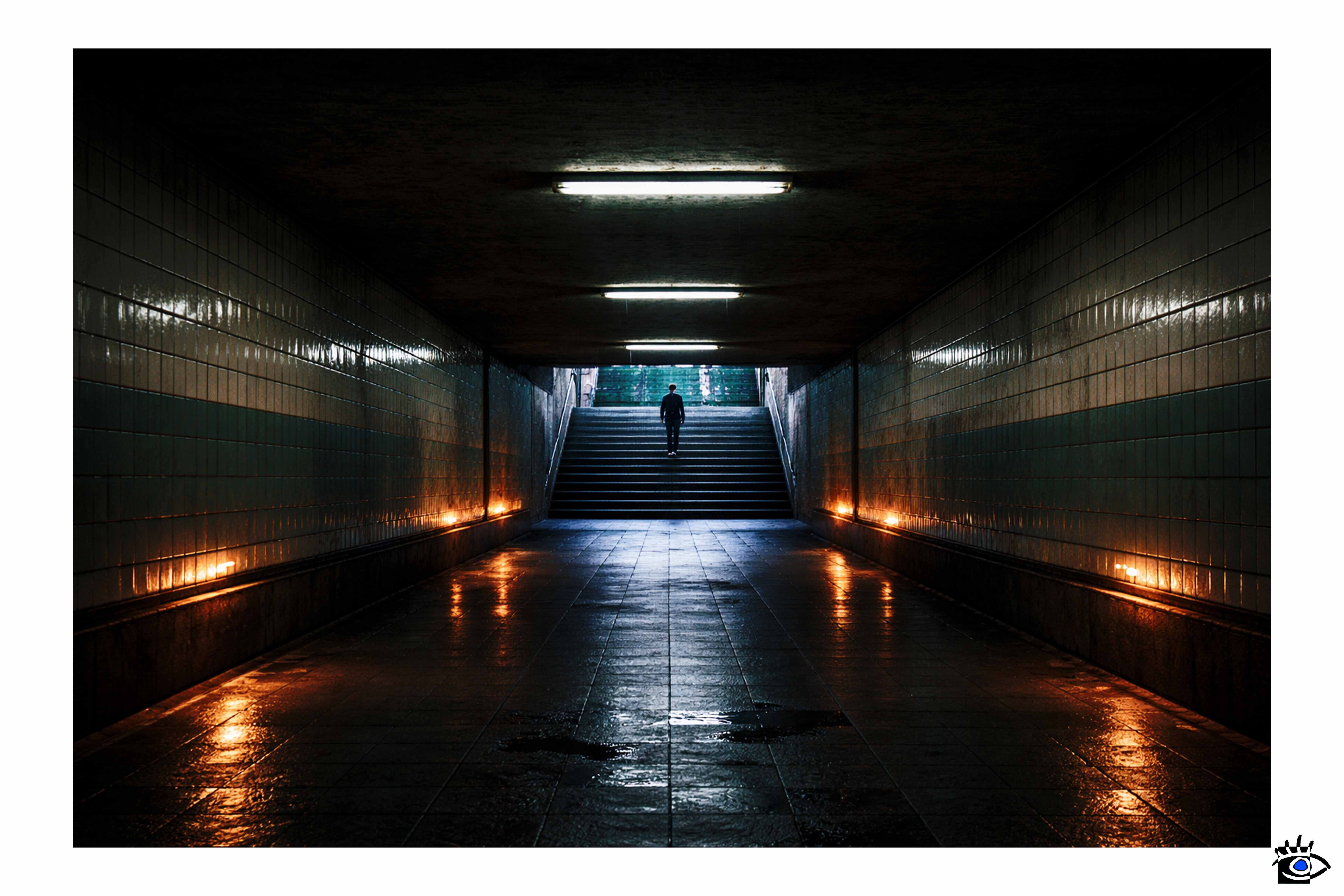 Un sottopasso urbano lungo e simmetrico, illuminato artificialmente; una figura umana solitaria è visibile in lontananza mentre sale una scala verso l’esterno.