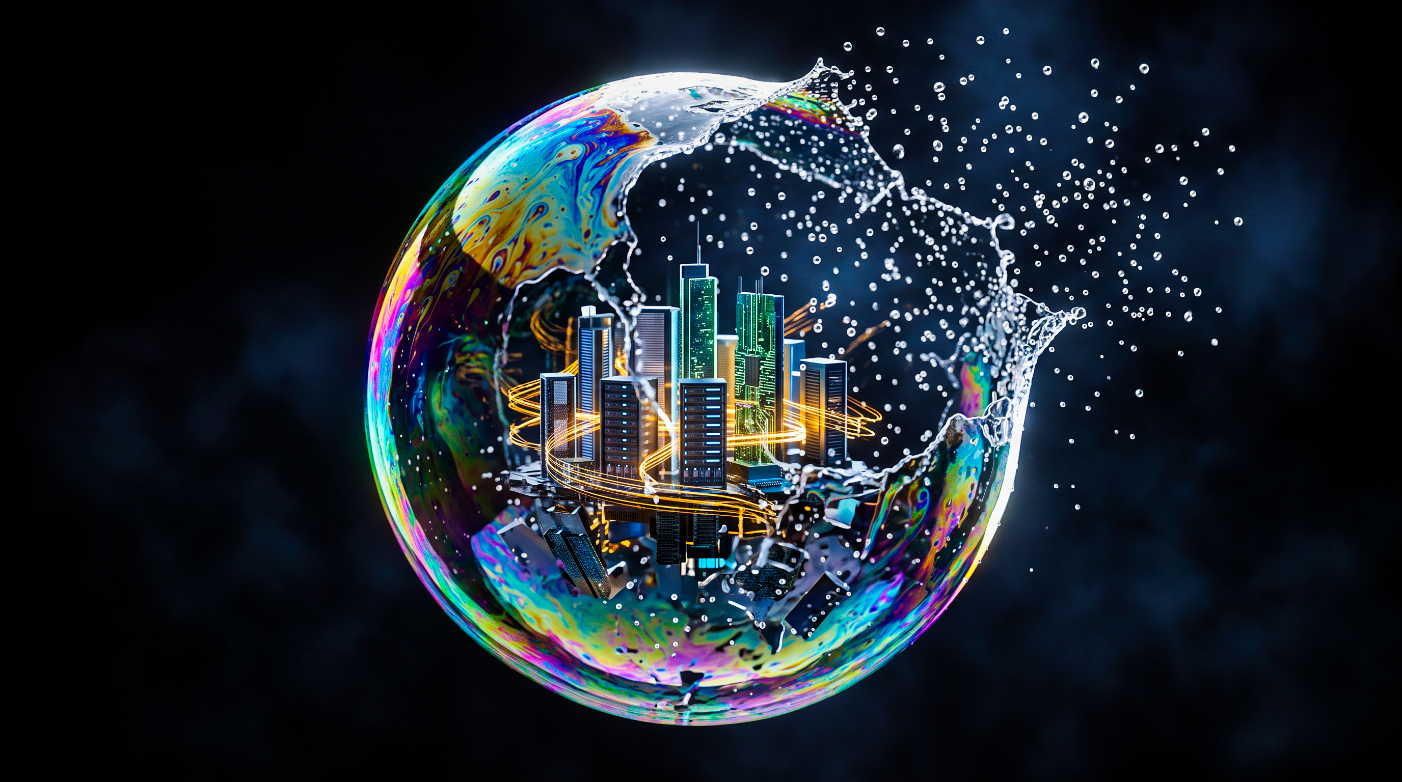 Bolla di sapone iridescente che si lacera, con dentro una città di grattacieli e datacenter attraversata da fili di luce dorata: metafora della bolla speculativa dell'AI.