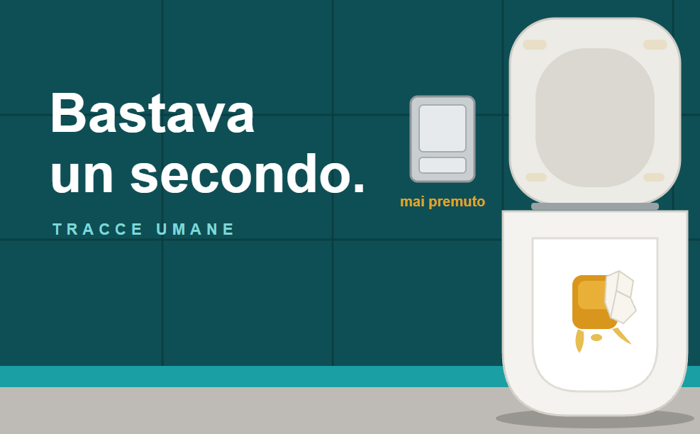 Illustrazione di un water non scaricato con liquido giallo e carta, accanto a una placca di scarico intatta